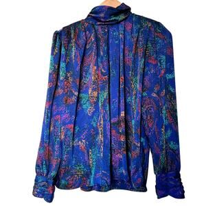 TESS Size 8 Vintage Colorful 80s Paris Milano Satin Pleated Shoulder Pads Blouse